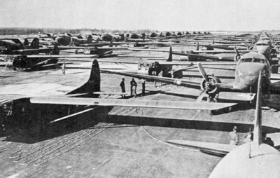 US C-47 Skytrain transports and Waco CG-4A gliders preparing for Operation Varsity